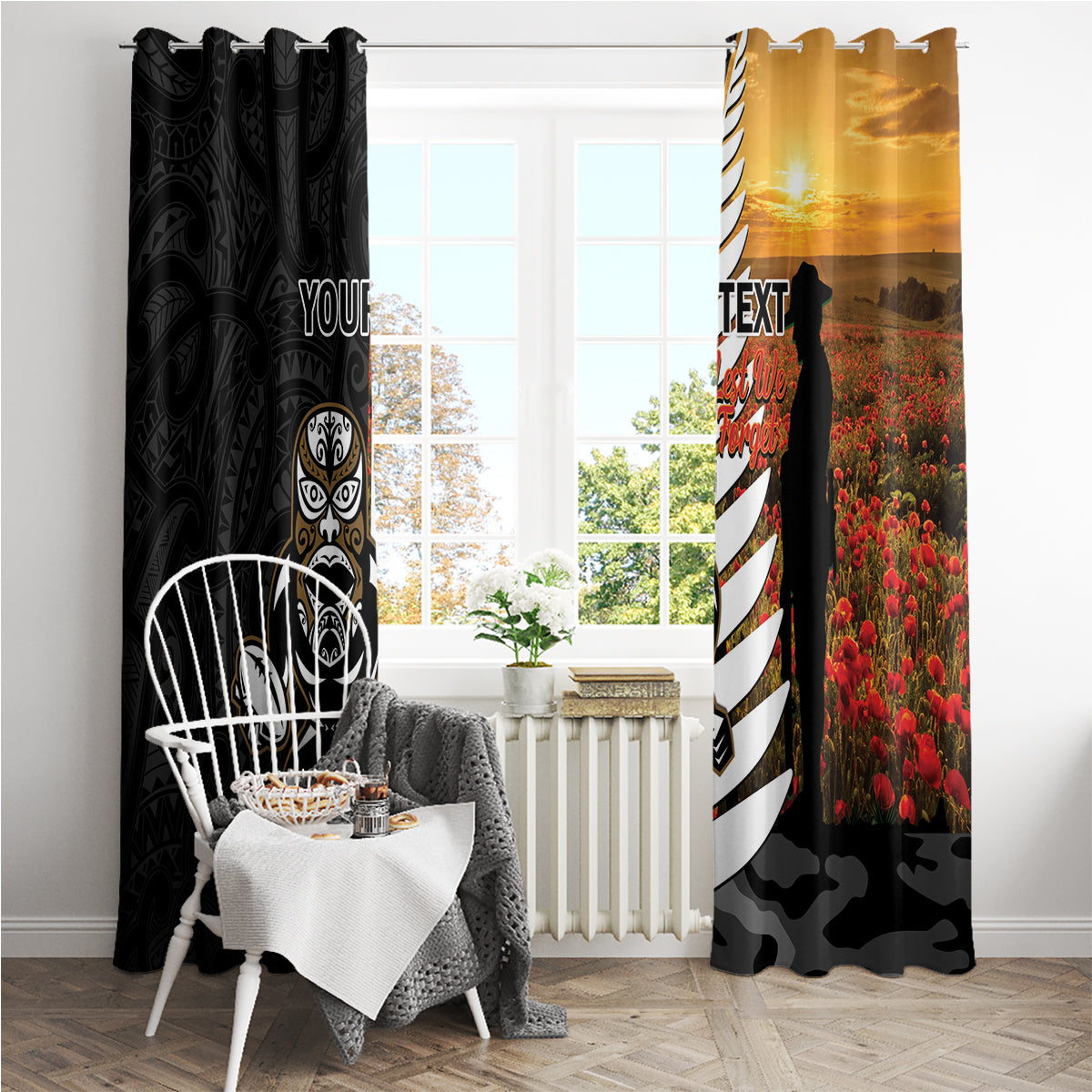 Custom New Zealand Silver Fern Rugby ANZAC Day Window Curtain 2024 All Black Tiki Mascot LT14 - Polynesian Pride