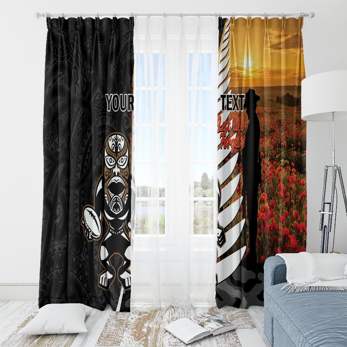 Custom New Zealand Silver Fern Rugby ANZAC Day Window Curtain 2024 All Black Tiki Mascot LT14 - Polynesian Pride
