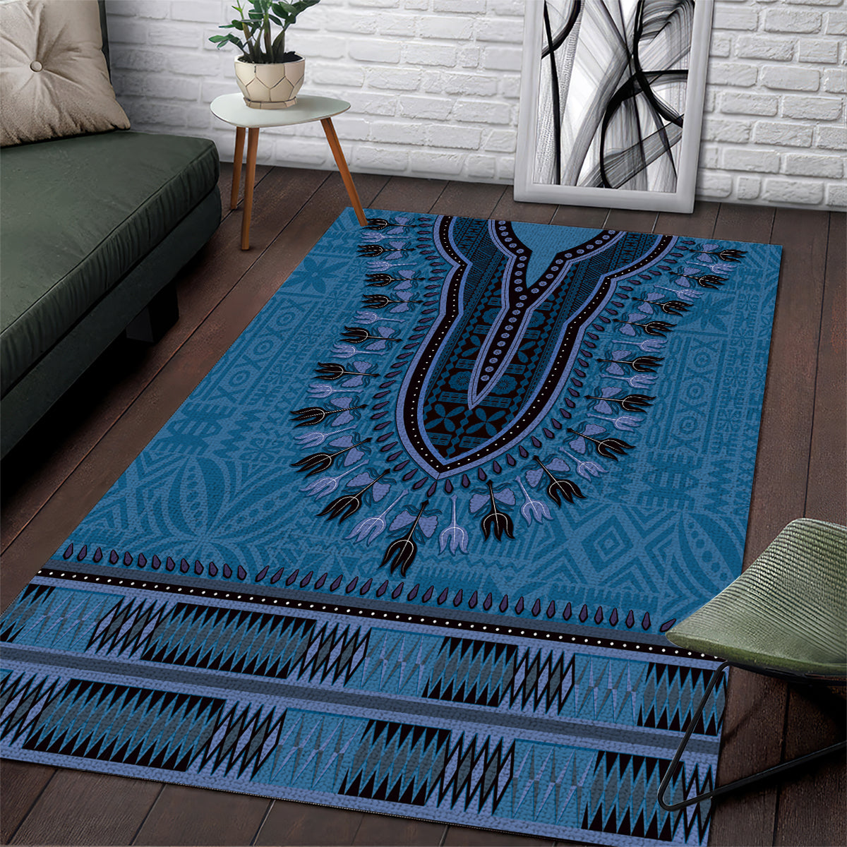 Blue African Dashiki With Fijian Tapa Pattern Area Rug
