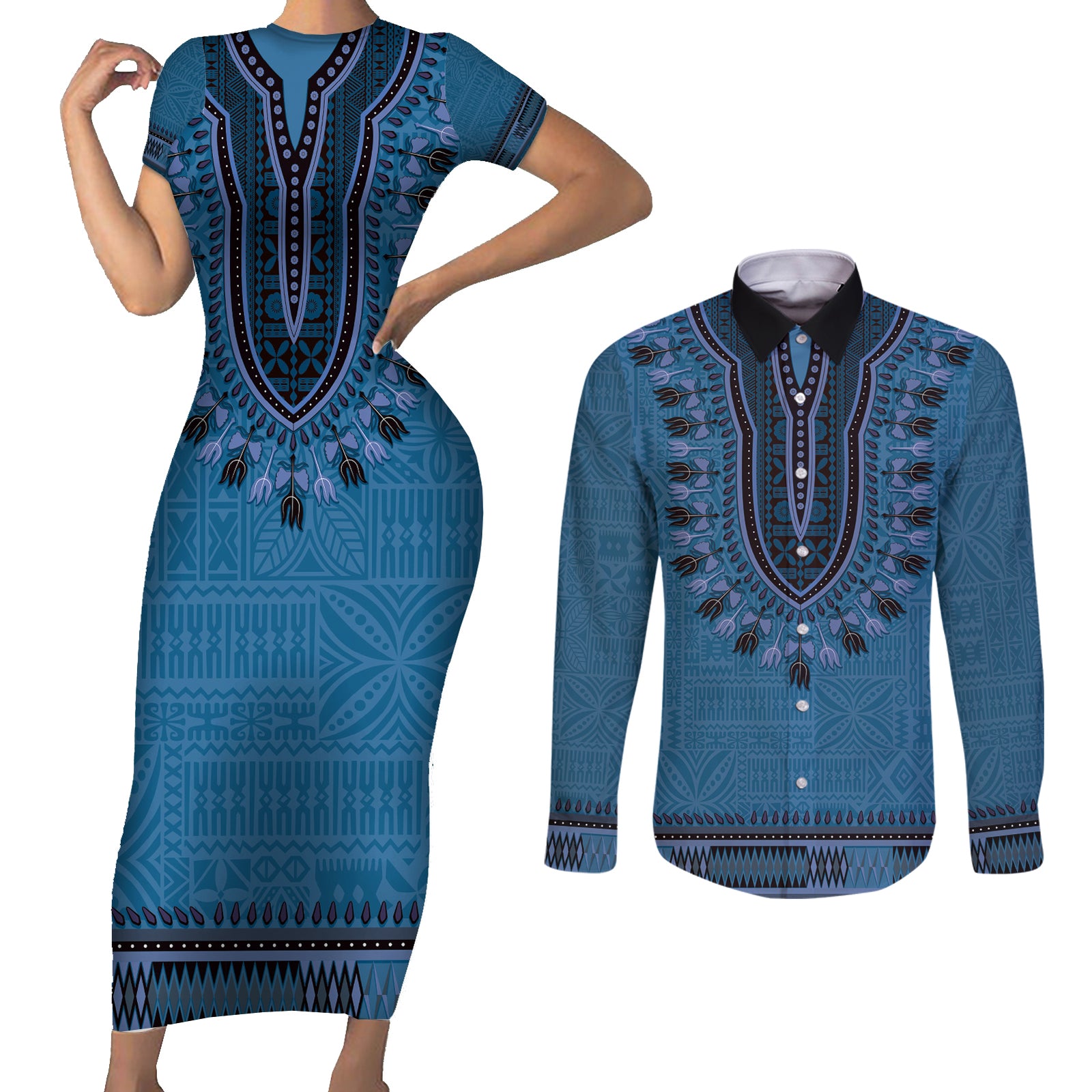 Blue African Dashiki With Fijian Tapa Pattern Couples Matching Short Sleeve Bodycon Dress and Long Sleeve Button Shirt