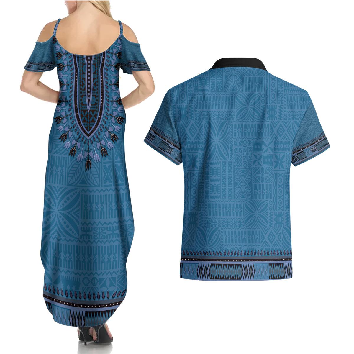 Blue African Dashiki With Fijian Tapa Pattern Couples Matching Summer Maxi Dress and Hawaiian Shirt