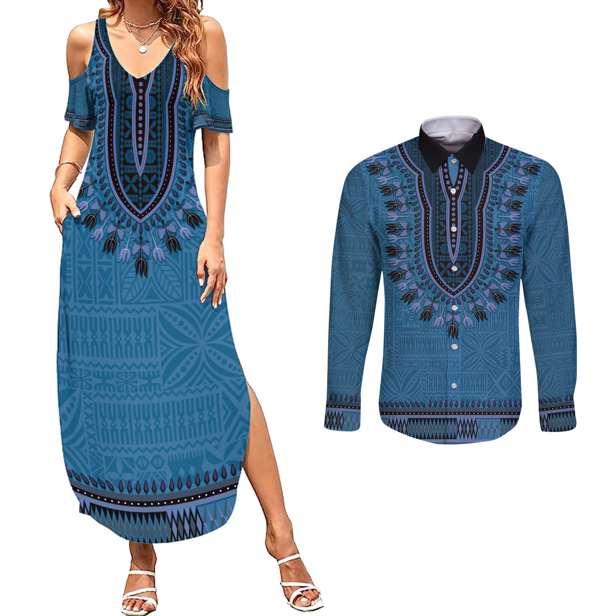 Blue African Dashiki With Fijian Tapa Pattern Couples Matching Summer Maxi Dress and Long Sleeve Button Shirt