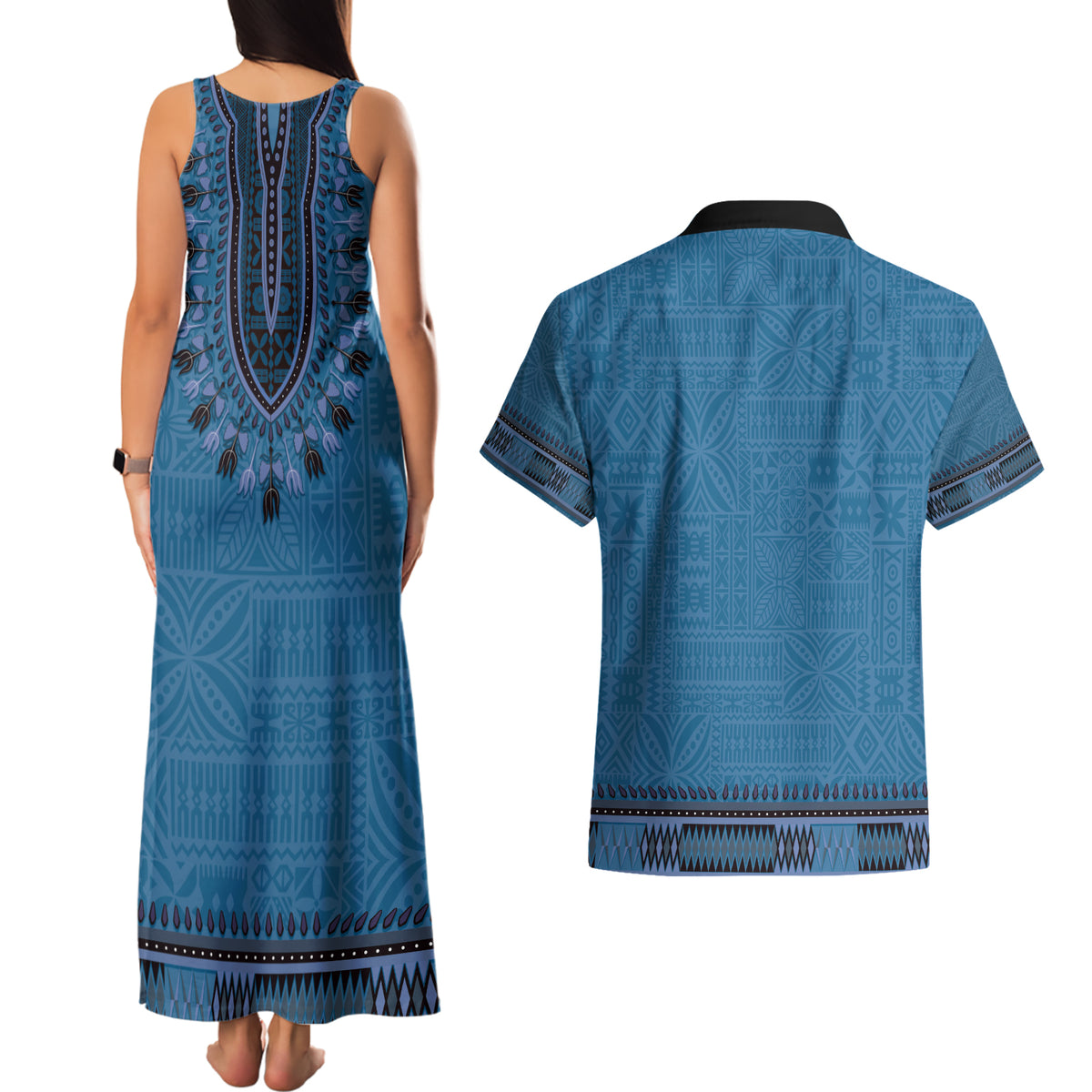 Blue African Dashiki With Fijian Tapa Pattern Couples Matching Tank Maxi Dress and Hawaiian Shirt