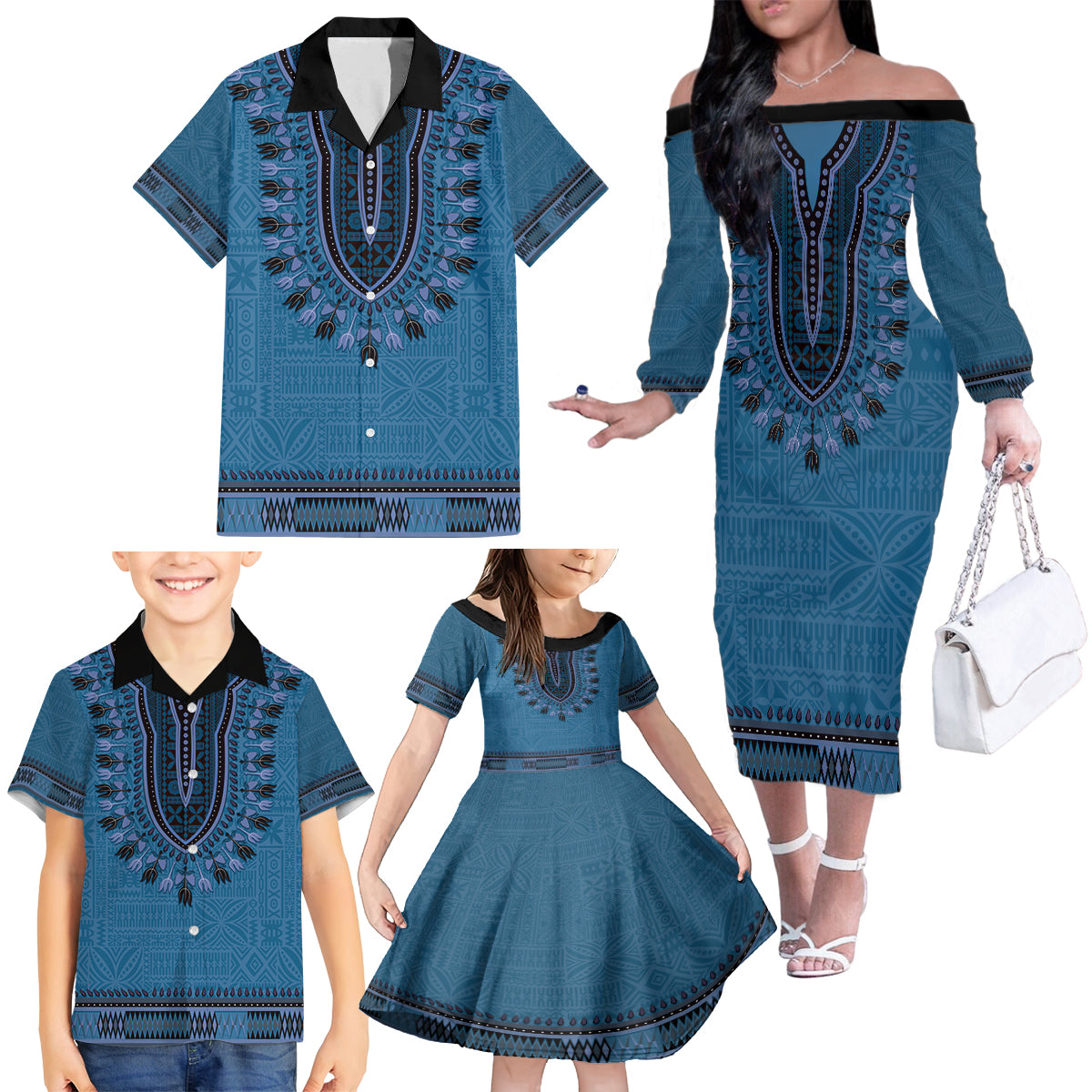 Blue African Dashiki With Fijian Tapa Pattern Family Matching Off The Shoulder Long Sleeve Dress and Hawaiian Shirt