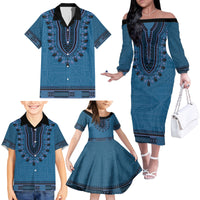 Blue African Dashiki With Fijian Tapa Pattern Family Matching Off The Shoulder Long Sleeve Dress and Hawaiian Shirt