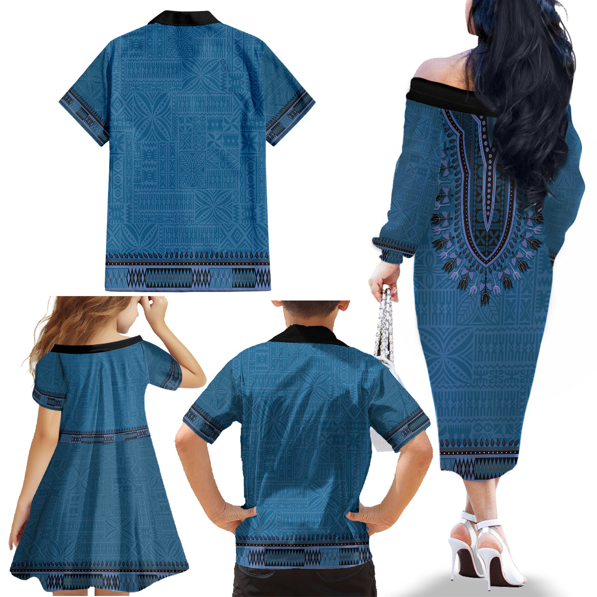 Blue African Dashiki With Fijian Tapa Pattern Family Matching Off The Shoulder Long Sleeve Dress and Hawaiian Shirt