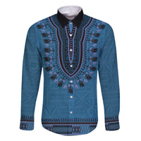 Blue African Dashiki With Fijian Tapa Pattern Family Matching Off The Shoulder Long Sleeve Dress and Hawaiian Shirt