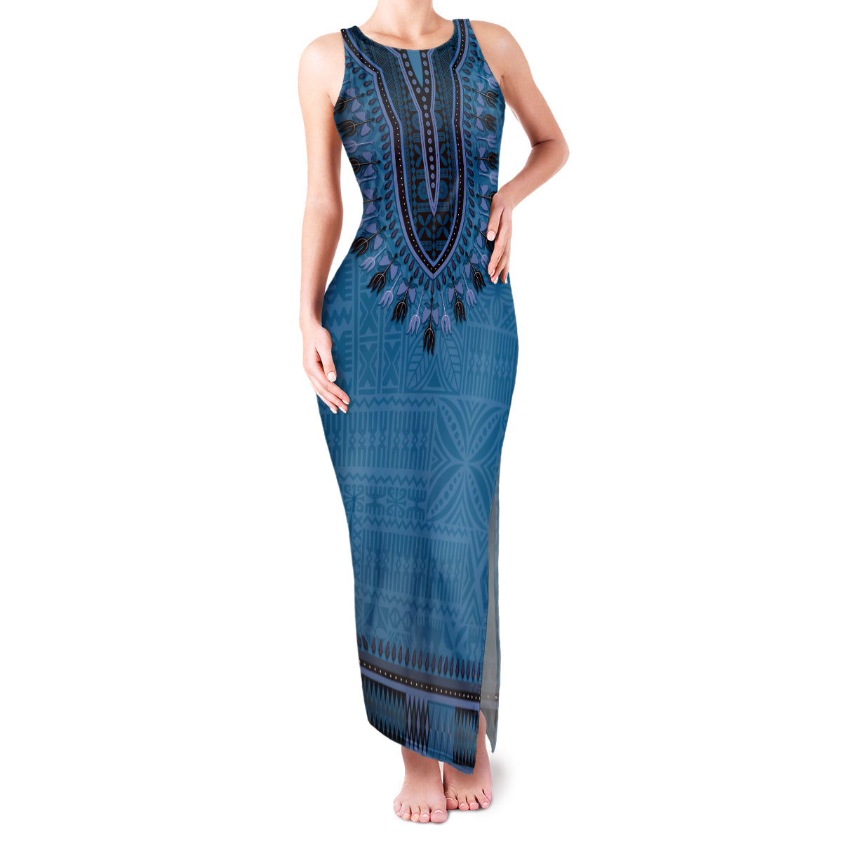 Blue African Dashiki With Fijian Tapa Pattern Family Matching Tank Maxi Dress and Hawaiian Shirt