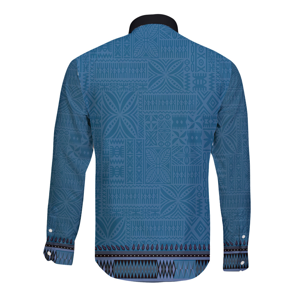 Blue African Dashiki With Fijian Tapa Pattern Long Sleeve Button Shirt LT14 - Polynesian Pride