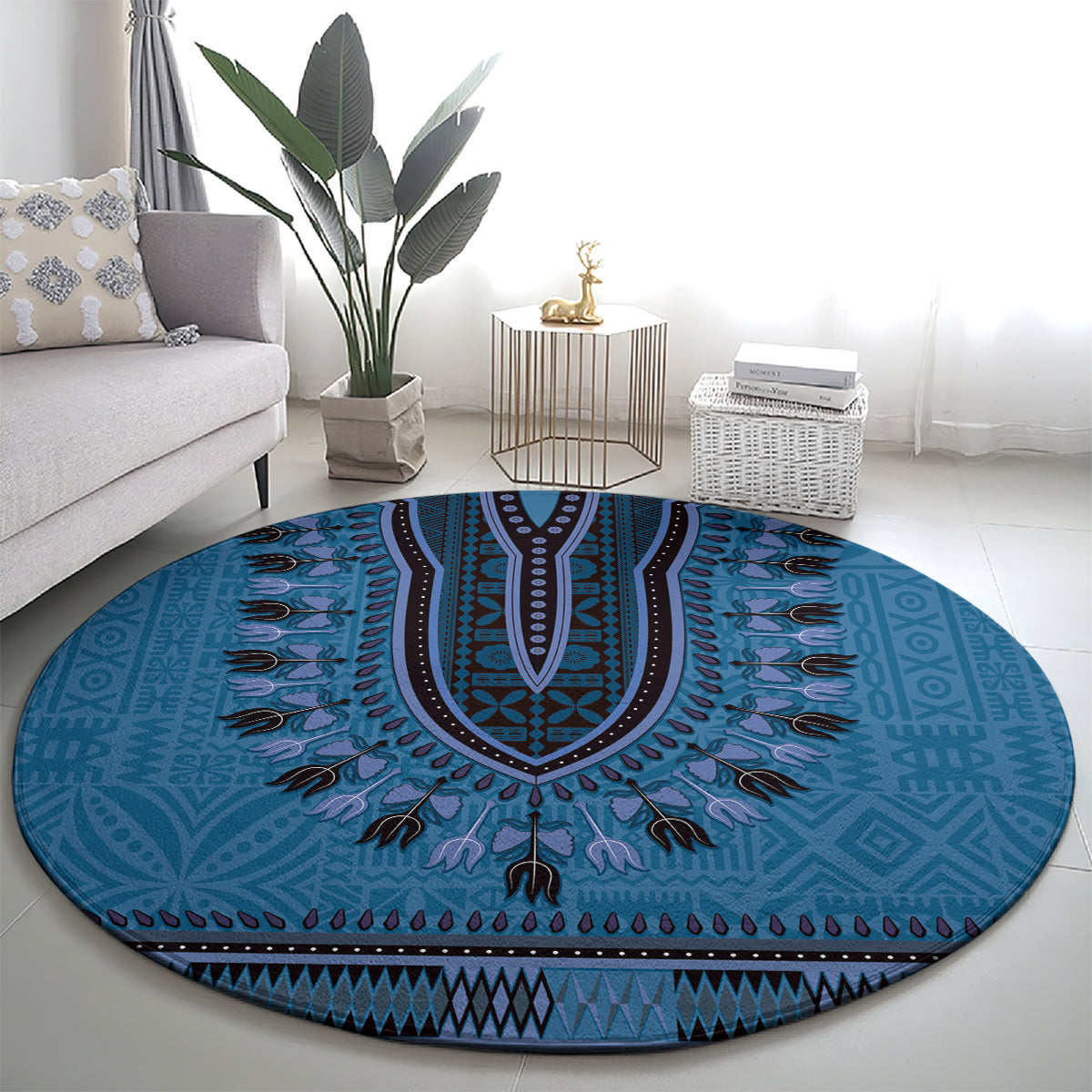 Blue African Dashiki With Fijian Tapa Pattern Round Carpet