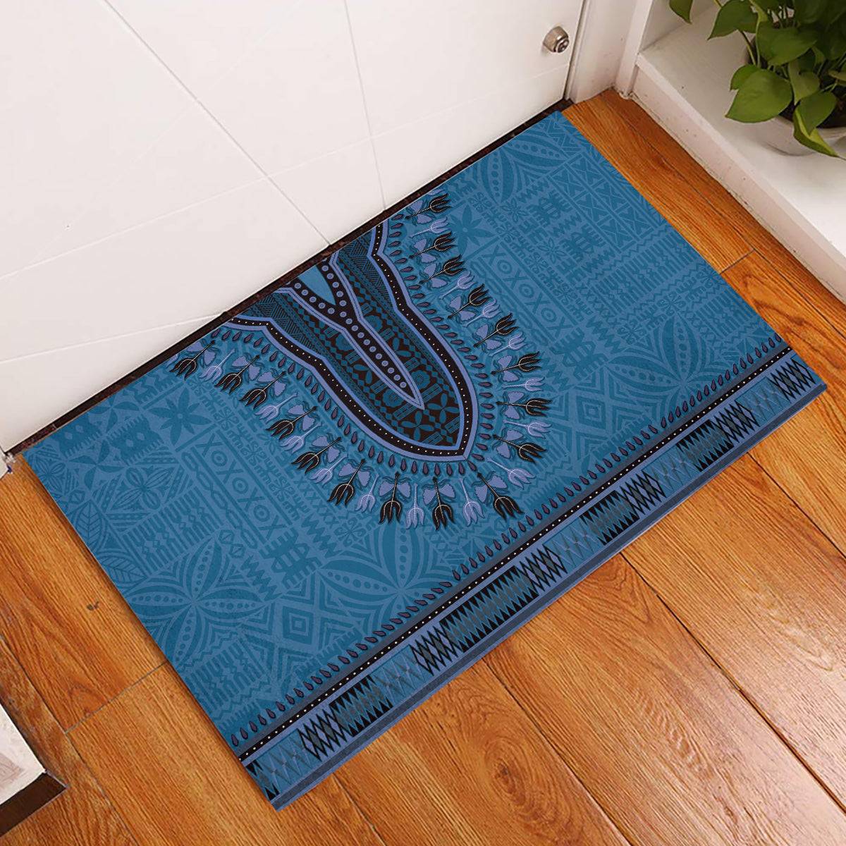 Blue African Dashiki With Fijian Tapa Pattern Rubber Doormat