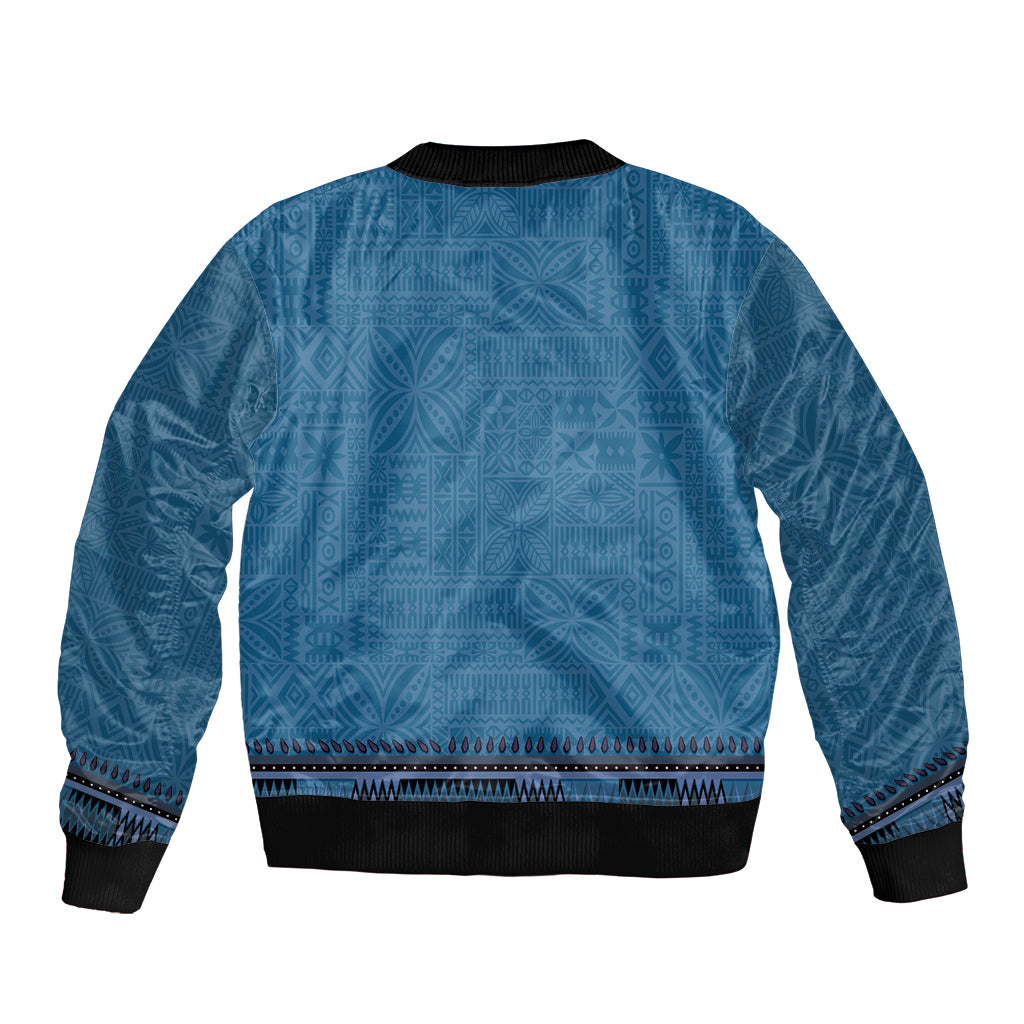 Blue African Dashiki With Fijian Tapa Pattern Sleeve Zip Bomber Jacket LT14 - Polynesian Pride