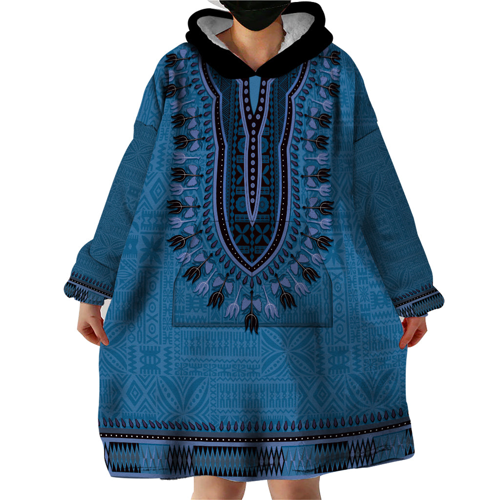 Blue African Dashiki With Fijian Tapa Pattern Wearable Blanket Hoodie LT14 - Polynesian Pride