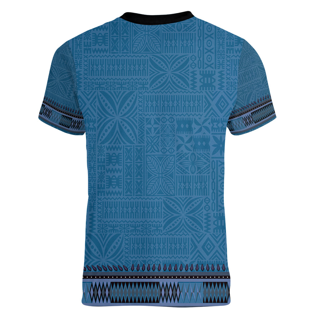Blue African Dashiki With Fijian Tapa Pattern Women V-Neck T-Shirt
