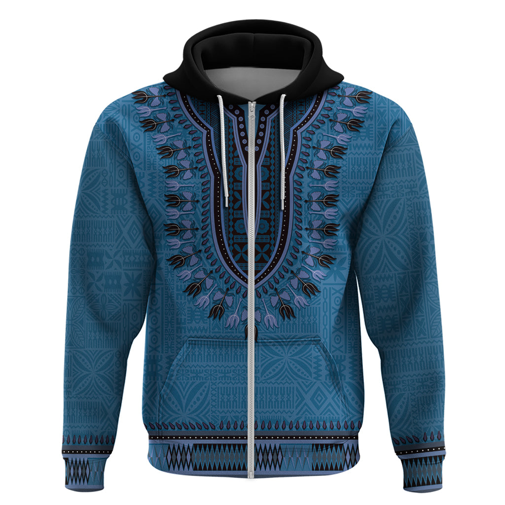 Blue African Dashiki With Fijian Tapa Pattern Zip Hoodie LT14 Zip Hoodie Blue - Polynesian Pride