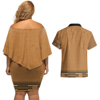 Brown African Dashiki With Fijian Tapa Pattern Couples Matching Off Shoulder Short Dress and Hawaiian Shirt