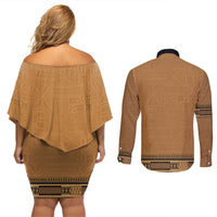 Brown African Dashiki With Fijian Tapa Pattern Couples Matching Off Shoulder Short Dress and Long Sleeve Button Shirt