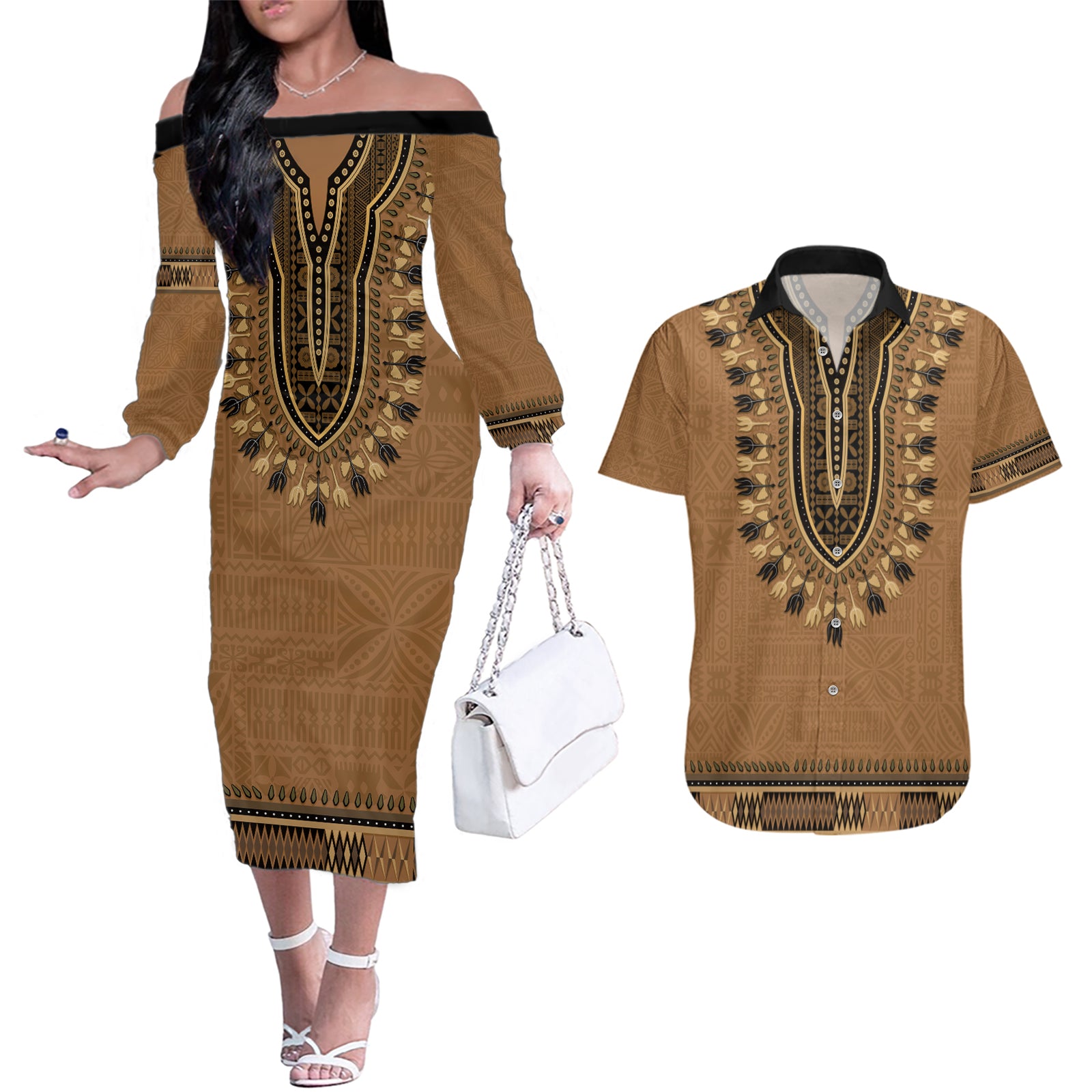 Brown African Dashiki With Fijian Tapa Pattern Couples Matching Off The Shoulder Long Sleeve Dress and Hawaiian Shirt