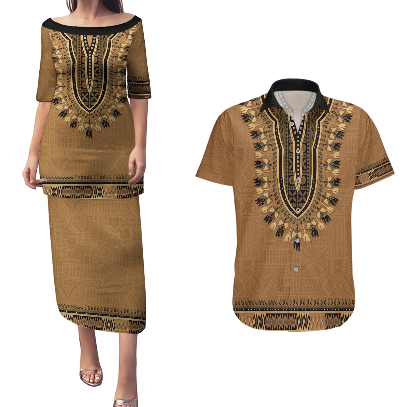 Brown African Dashiki With Fijian Tapa Pattern Couples Matching Puletasi and Hawaiian Shirt