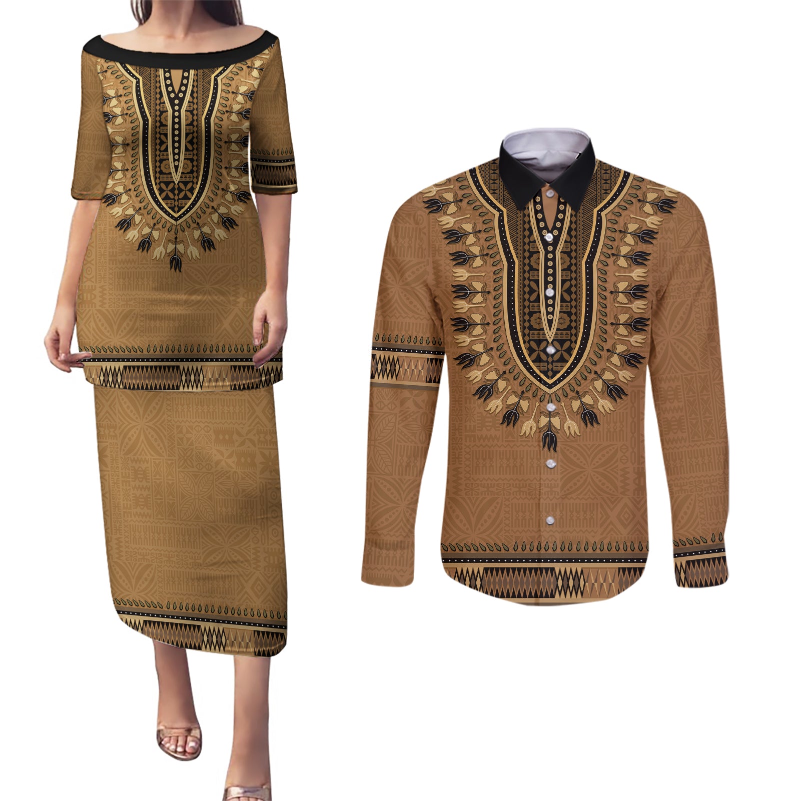 Brown African Dashiki With Fijian Tapa Pattern Couples Matching Puletasi and Long Sleeve Button Shirt