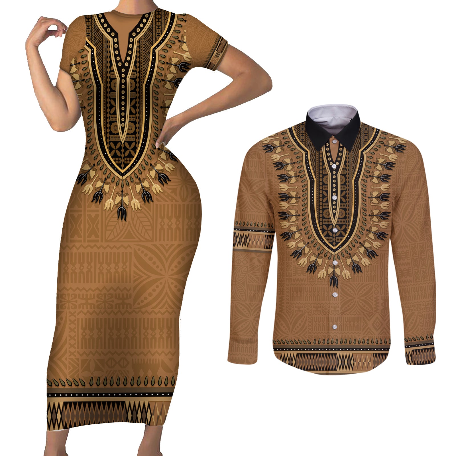 Brown African Dashiki With Fijian Tapa Pattern Couples Matching Short Sleeve Bodycon Dress and Long Sleeve Button Shirt