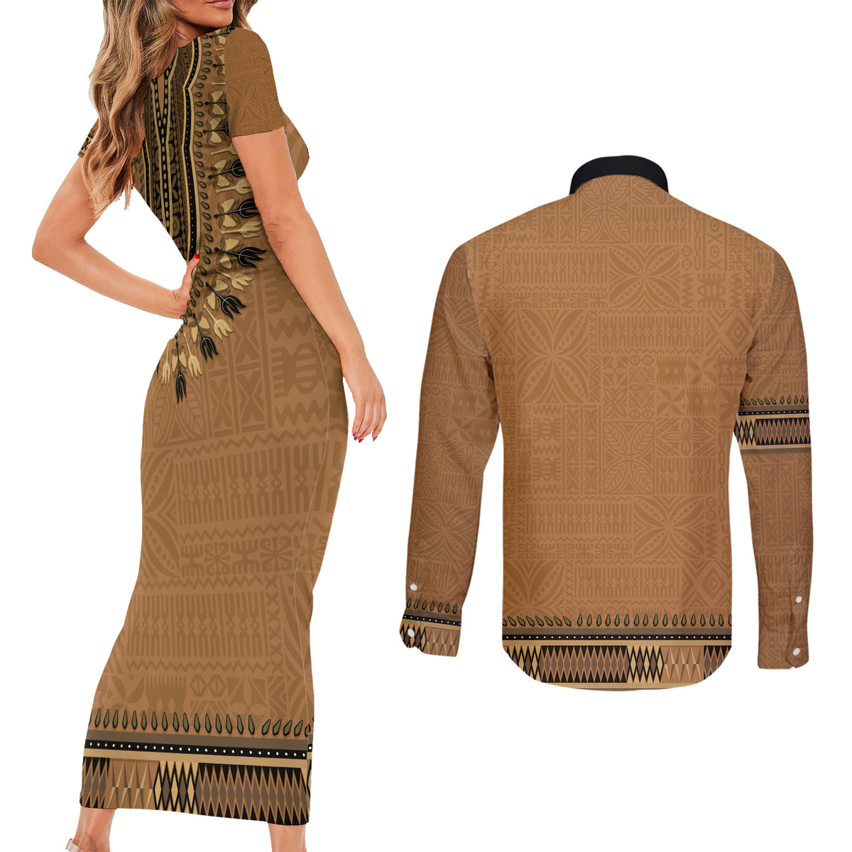 Brown African Dashiki With Fijian Tapa Pattern Couples Matching Short Sleeve Bodycon Dress and Long Sleeve Button Shirt