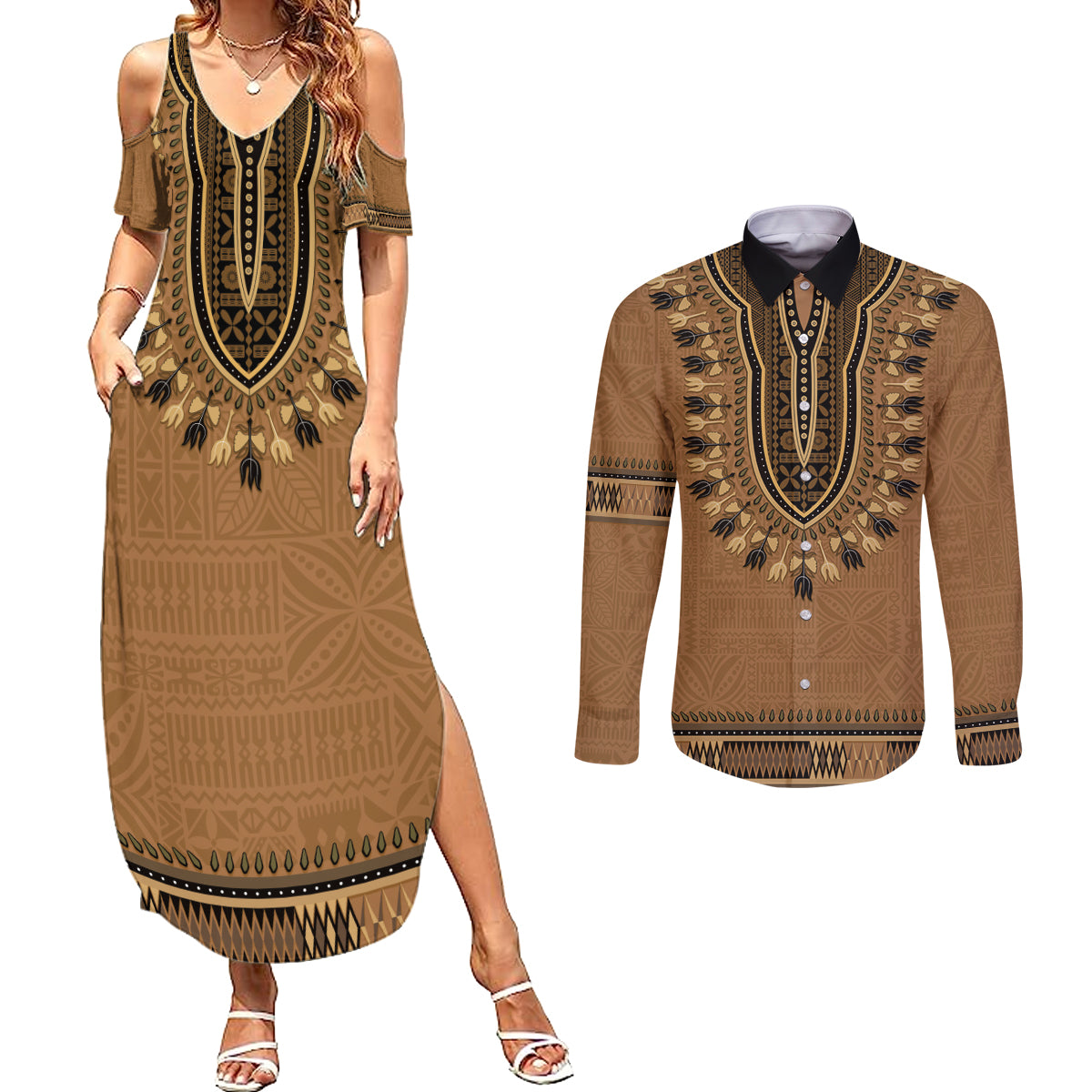 Brown African Dashiki With Fijian Tapa Pattern Couples Matching Summer Maxi Dress and Long Sleeve Button Shirt