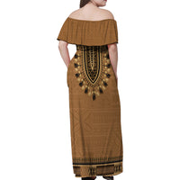 Brown African Dashiki With Fijian Tapa Pattern Family Matching Off Shoulder Maxi Dress and Hawaiian Shirt