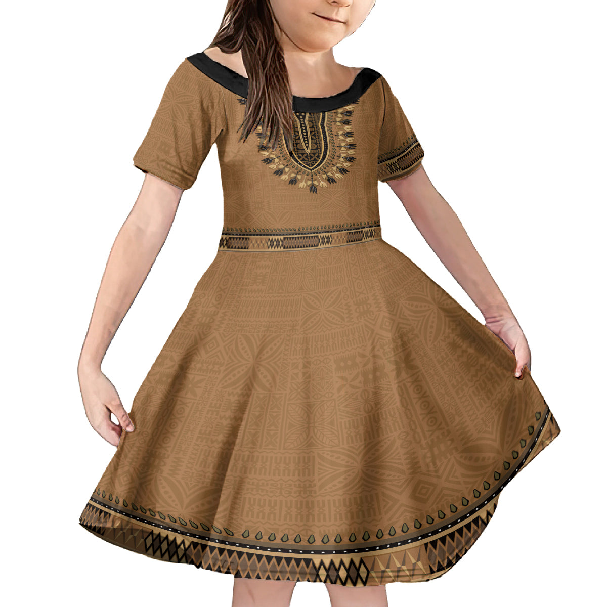 Brown African Dashiki With Fijian Tapa Pattern Kid Short Sleeve Dress