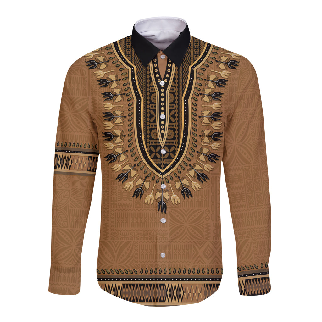 Brown African Dashiki With Fijian Tapa Pattern Long Sleeve Button Shirt