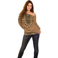 Brown African Dashiki With Fijian Tapa Pattern Off Shoulder Sweater