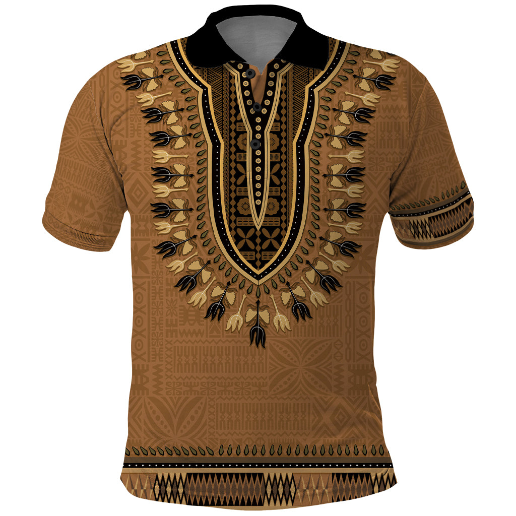 Brown African Dashiki With Fijian Tapa Pattern Polo Shirt