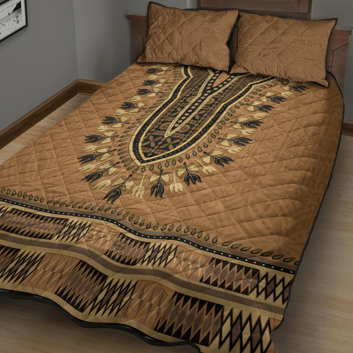 Brown African Dashiki With Fijian Tapa Pattern Quilt Bed Set