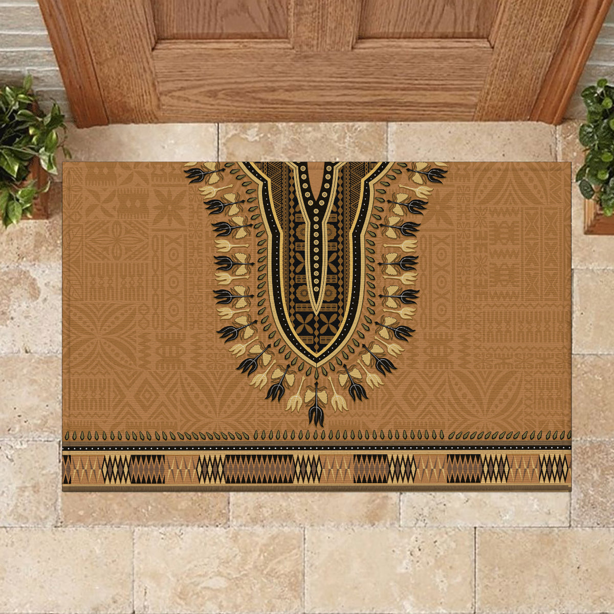 Brown African Dashiki With Fijian Tapa Pattern Rubber Doormat