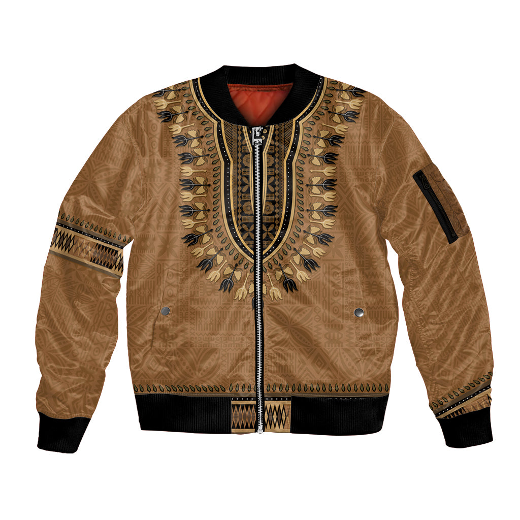 Brown African Dashiki With Fijian Tapa Pattern Sleeve Zip Bomber Jacket