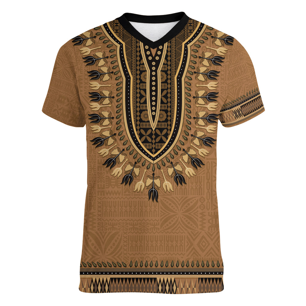 Brown African Dashiki With Fijian Tapa Pattern Women V-Neck T-Shirt