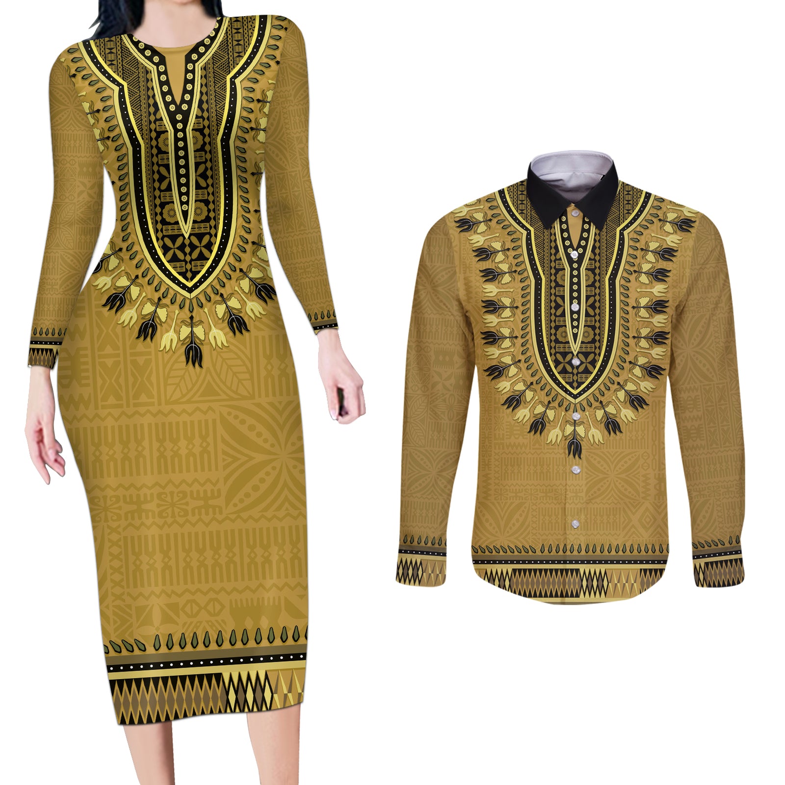 Gold African Dashiki With Fijian Tapa Pattern Couples Matching Long Sleeve Bodycon Dress and Long Sleeve Button Shirt
