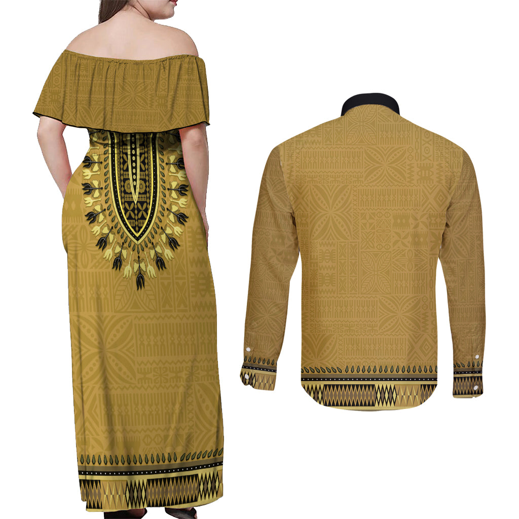 Gold African Dashiki With Fijian Tapa Pattern Couples Matching Off Shoulder Maxi Dress and Long Sleeve Button Shirt