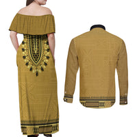 Gold African Dashiki With Fijian Tapa Pattern Couples Matching Off Shoulder Maxi Dress and Long Sleeve Button Shirt