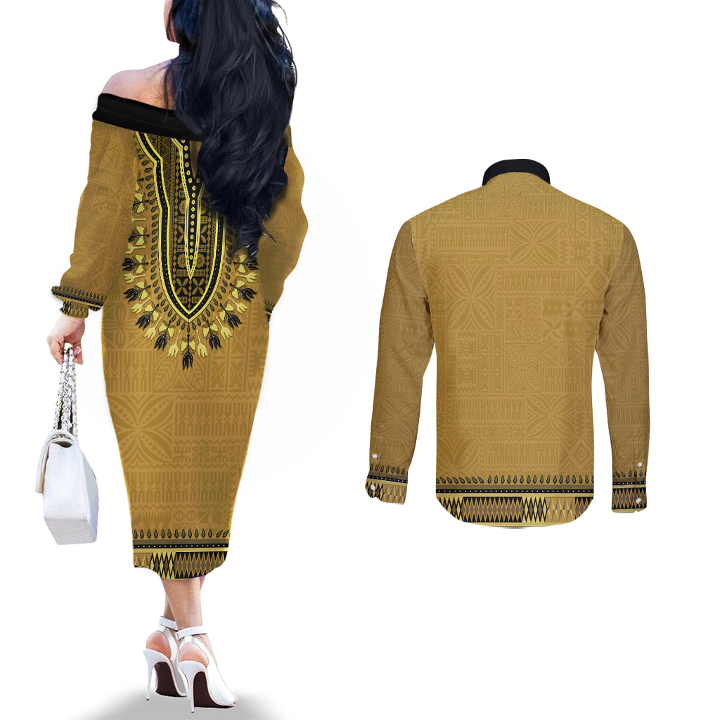 Gold African Dashiki With Fijian Tapa Pattern Couples Matching Off The Shoulder Long Sleeve Dress and Long Sleeve Button Shirt