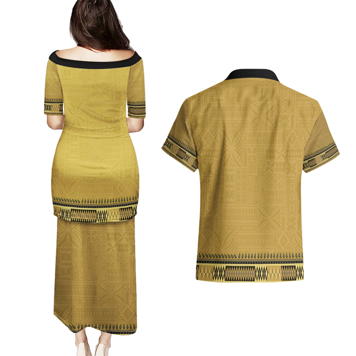 Gold African Dashiki With Fijian Tapa Pattern Couples Matching Puletasi and Hawaiian Shirt
