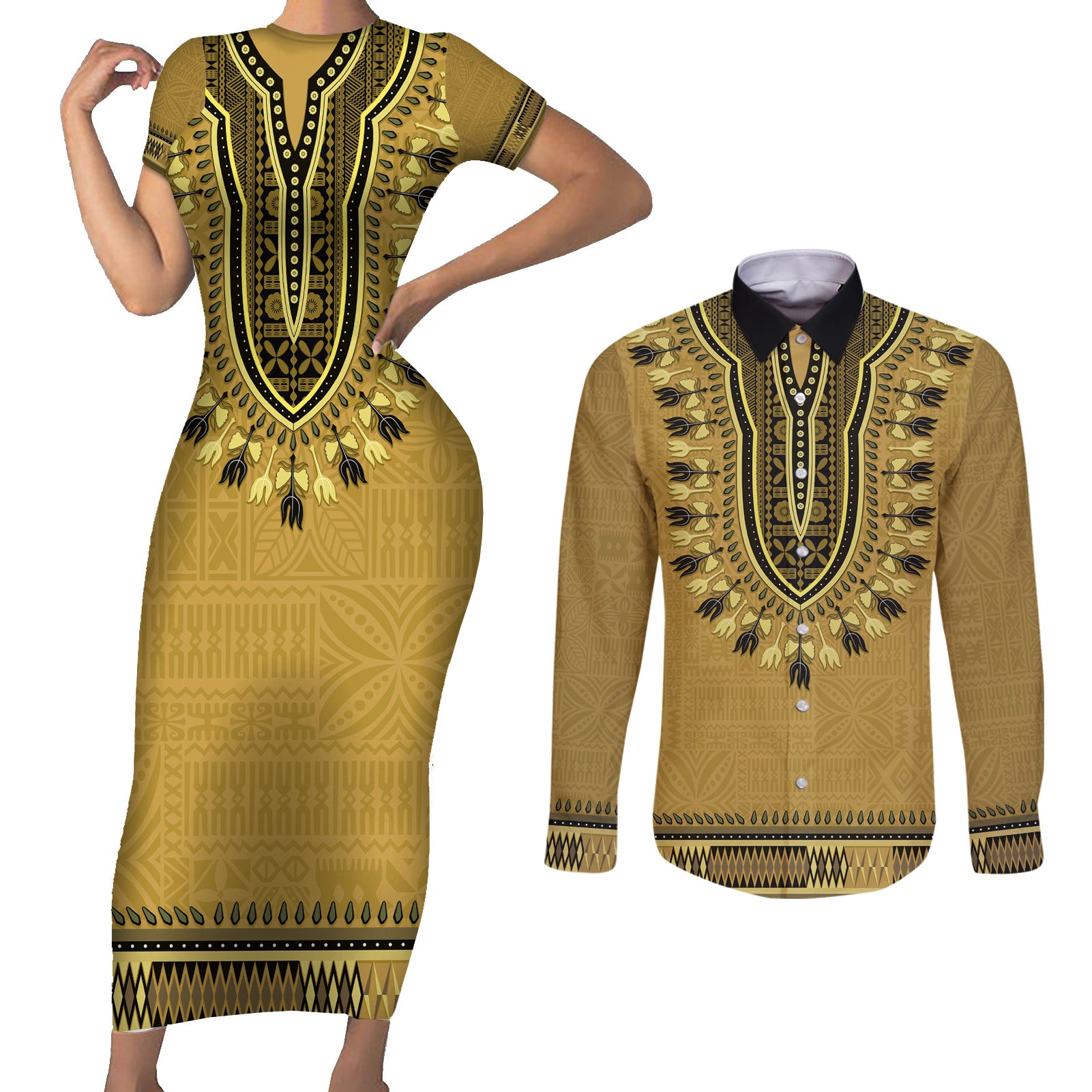 Gold African Dashiki With Fijian Tapa Pattern Couples Matching Short Sleeve Bodycon Dress and Long Sleeve Button Shirt