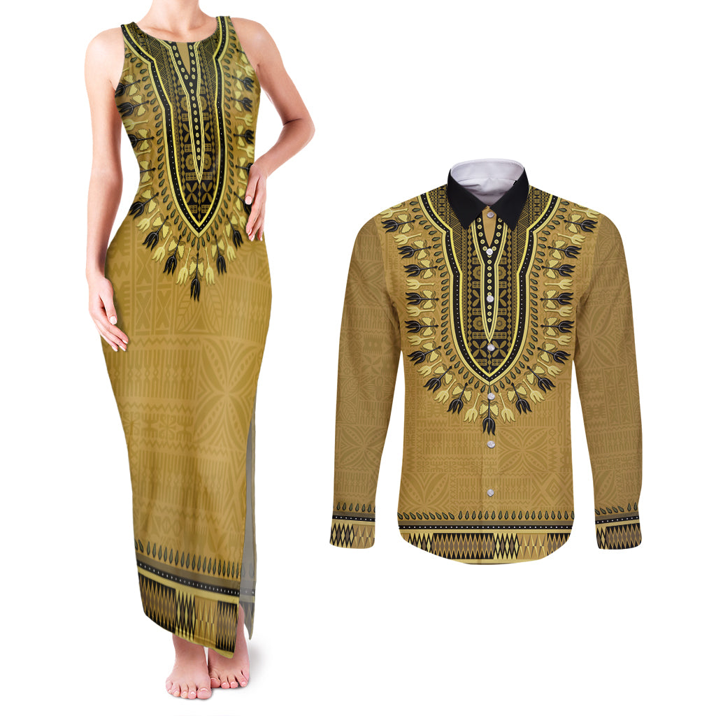 Gold African Dashiki With Fijian Tapa Pattern Couples Matching Tank Maxi Dress and Long Sleeve Button Shirt