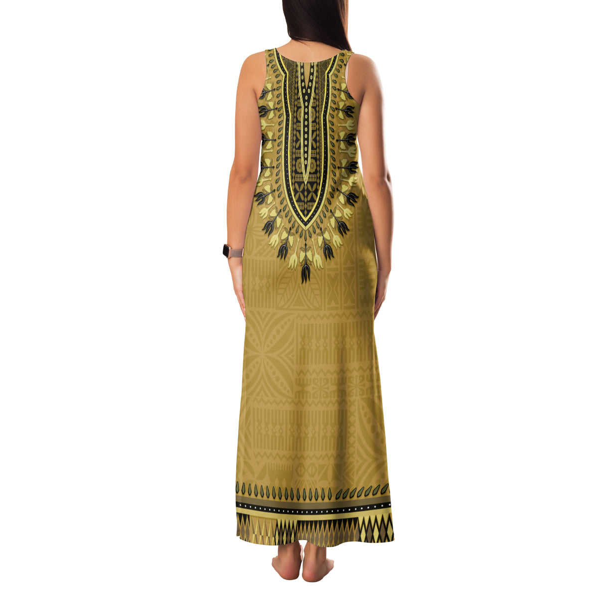 Gold African Dashiki With Fijian Tapa Pattern Family Matching Tank Maxi Dress and Hawaiian Shirt