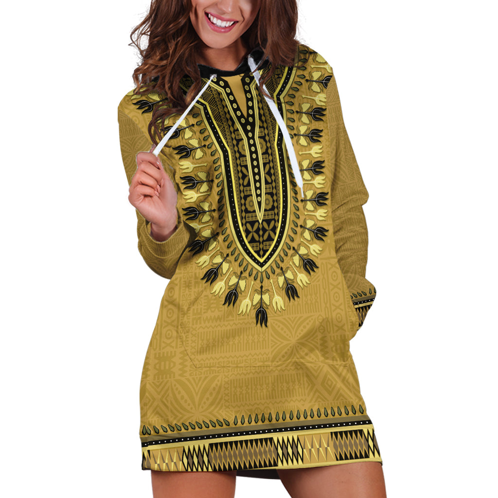 Gold African Dashiki With Fijian Tapa Pattern Hoodie Dress