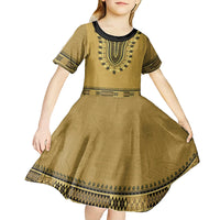 Gold African Dashiki With Fijian Tapa Pattern Kid Short Sleeve Dress