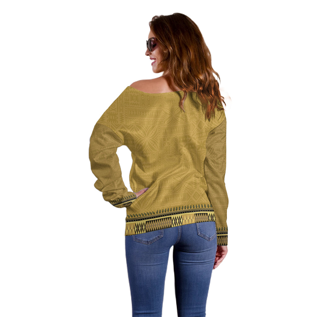 Gold African Dashiki With Fijian Tapa Pattern Off Shoulder Sweater