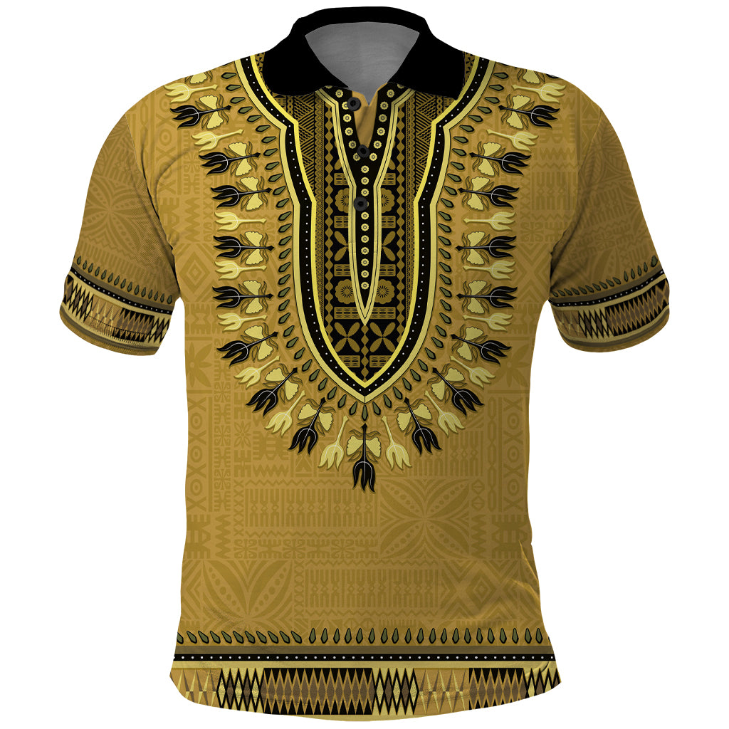 Gold African Dashiki With Fijian Tapa Pattern Polo Shirt