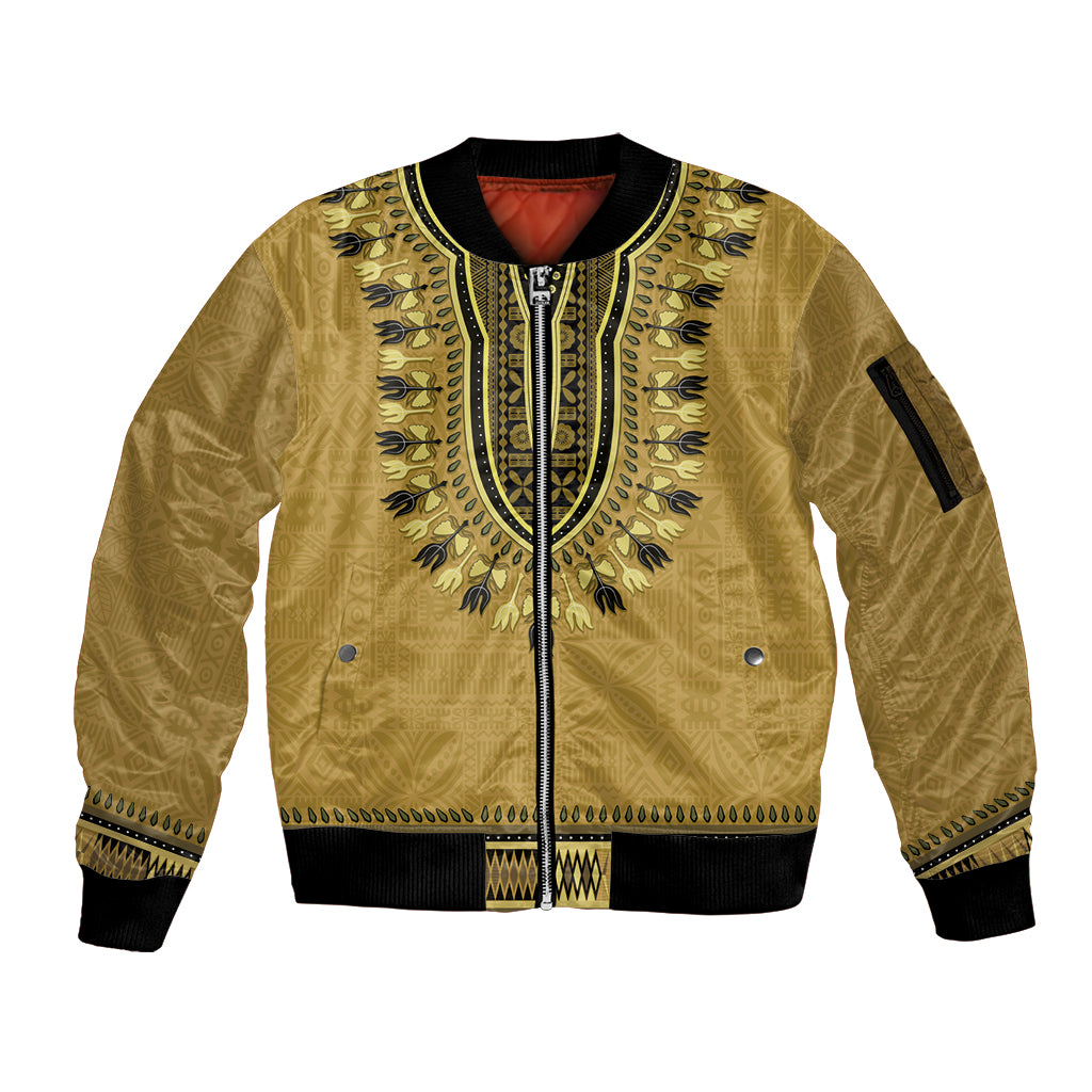 Gold African Dashiki With Fijian Tapa Pattern Sleeve Zip Bomber Jacket