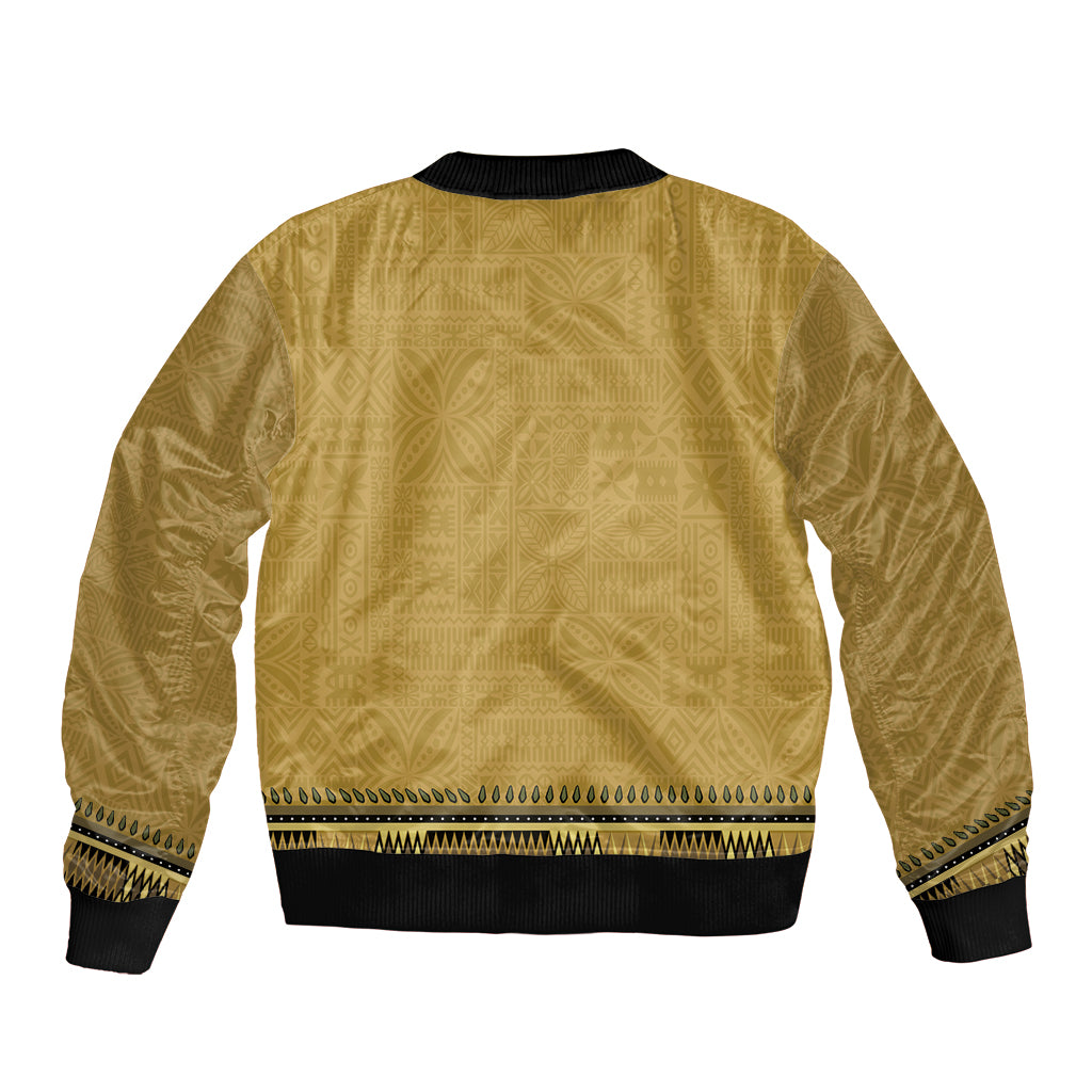 Gold African Dashiki With Fijian Tapa Pattern Sleeve Zip Bomber Jacket